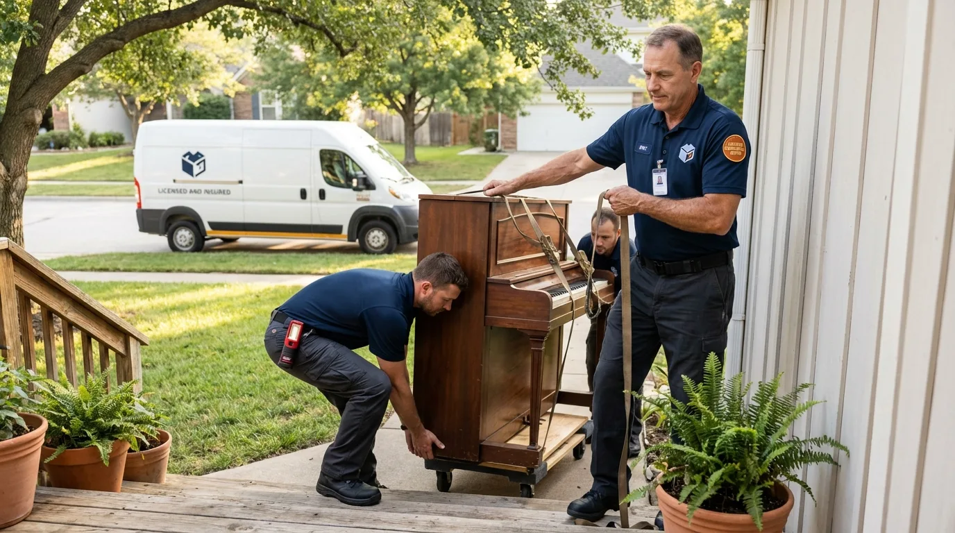 Licensed piano movers securing grand piano in Bowie, MD