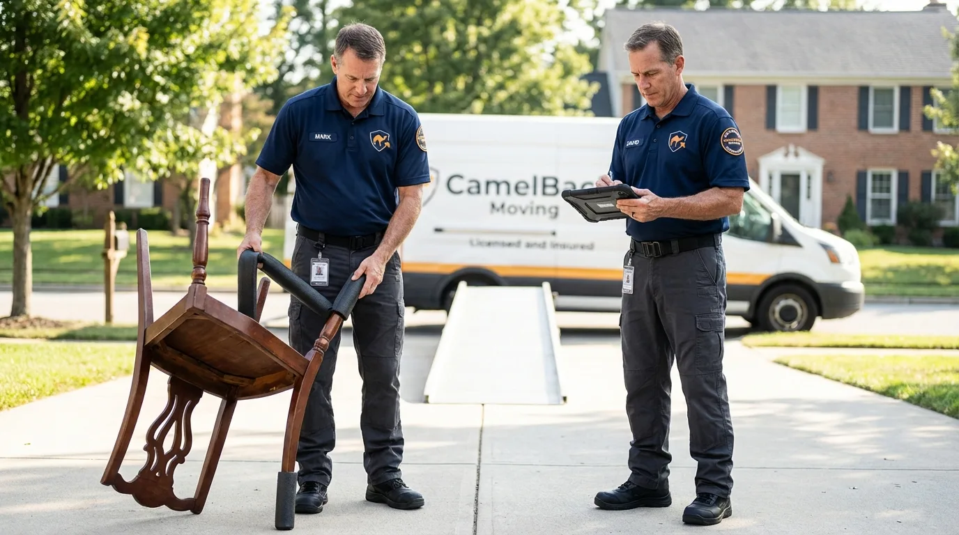 Movers inspecting furniture for damage prevention before loading in Bowie, MD