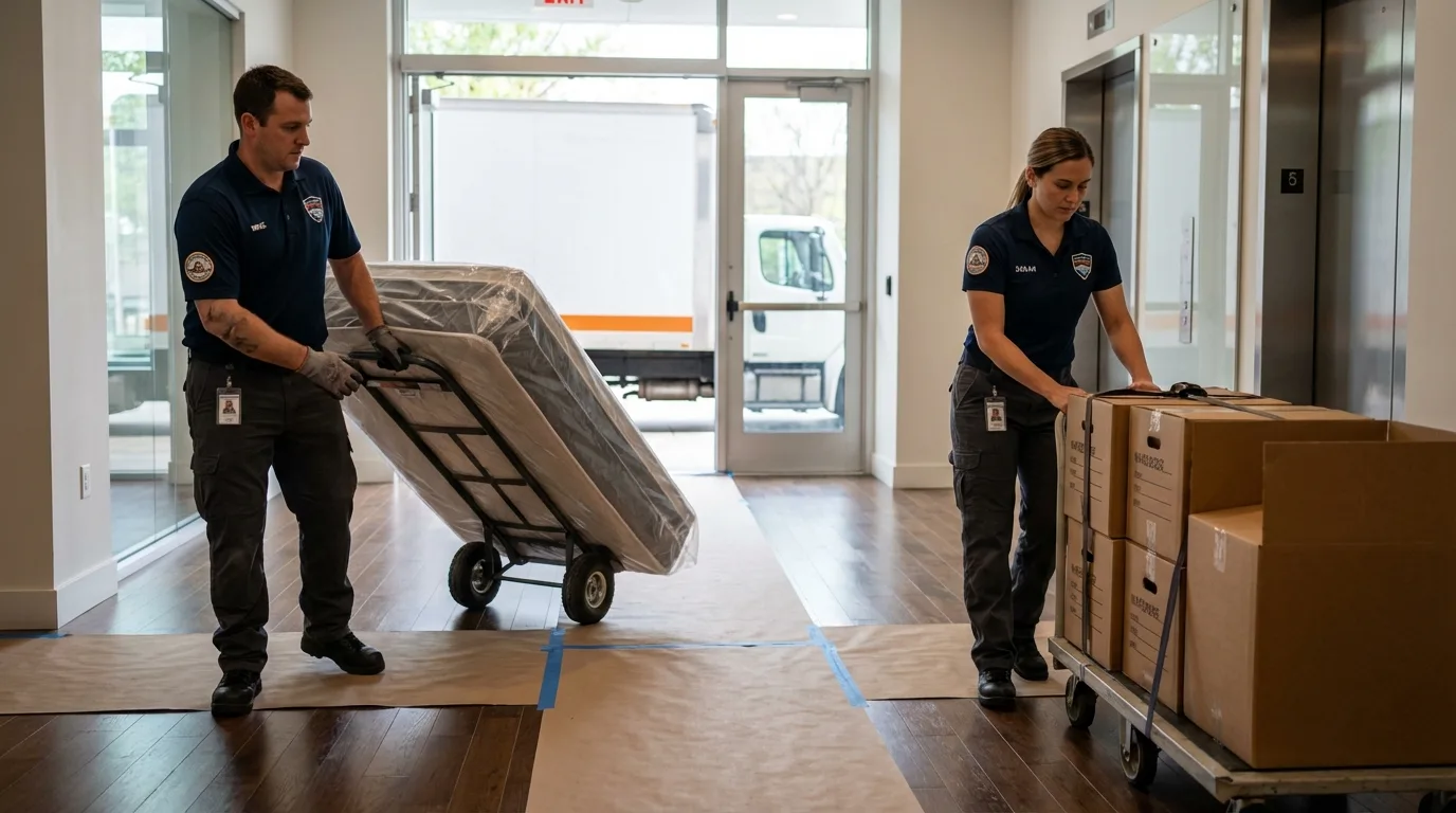 Professional apartment movers loading elevator in Bowie, MD